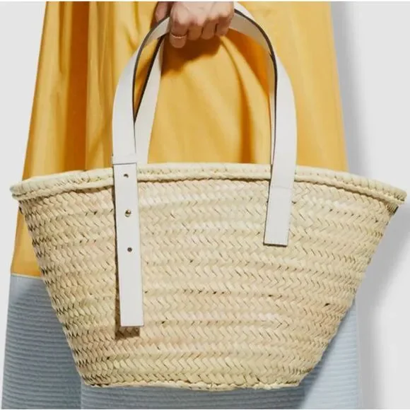 $245 Poolside Women's Beige The Essaouira Straw Medium Leather Tote Bag Purse - Picture 3 of 6